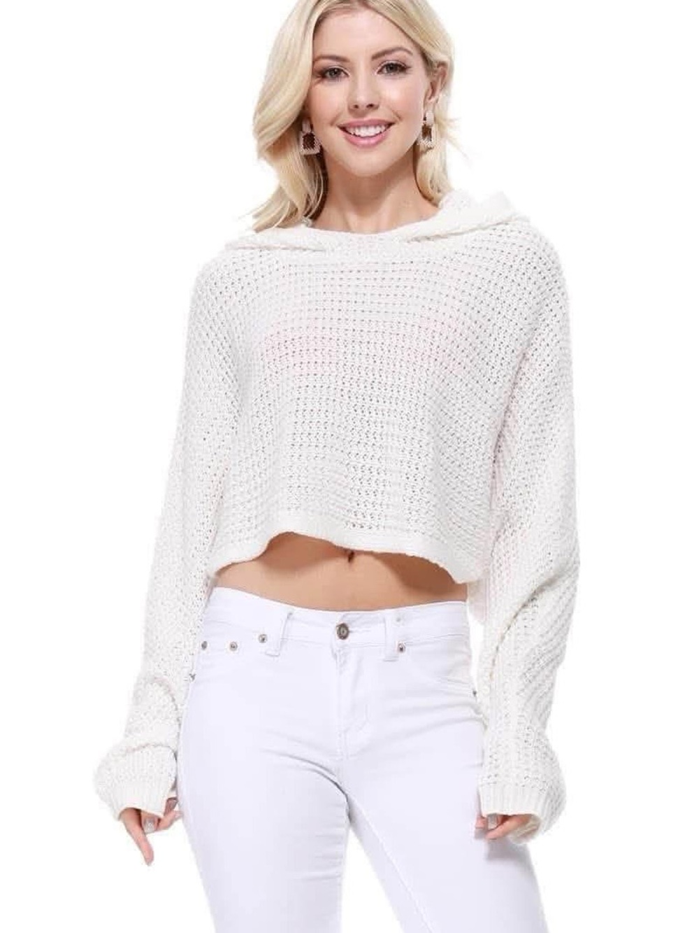 Women's Cropped Hooded Knit Sweater - White